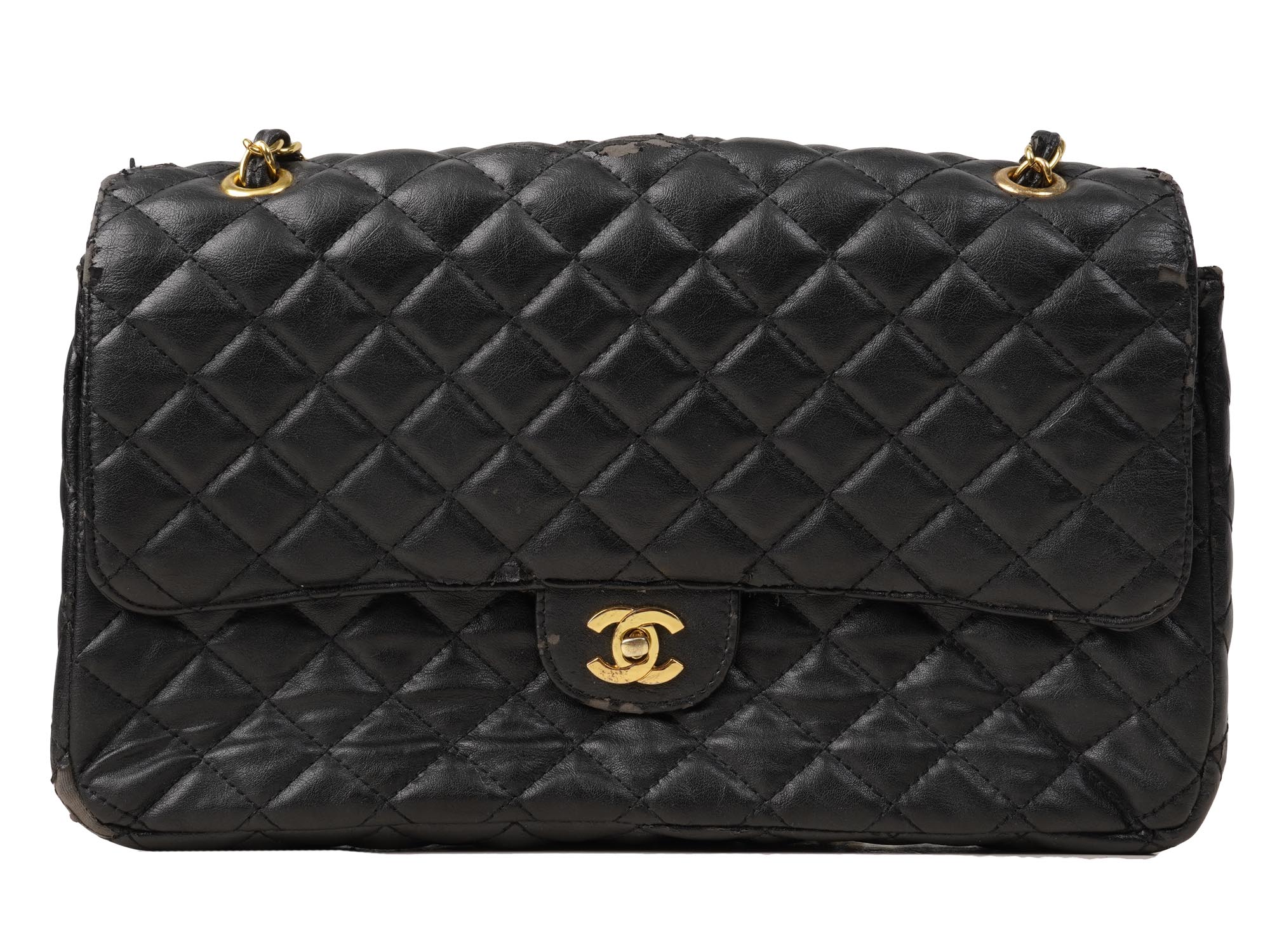 CHANEL STYLE FLAP QUILTED BLACK LEATHER BAG PURSE PIC-1
